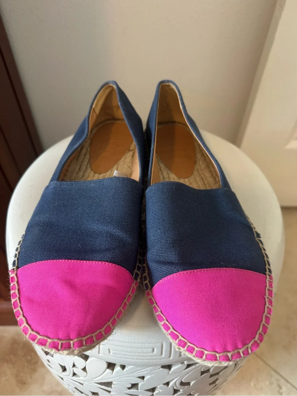J. Crew Navy Canvas Espadrilles with Pink Toe Caps